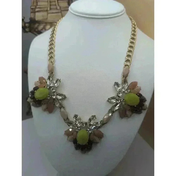 J.Crew Green Purple Maroon GoldTone Gemstone Floral Necklace Statement - Picture 1 of 5
